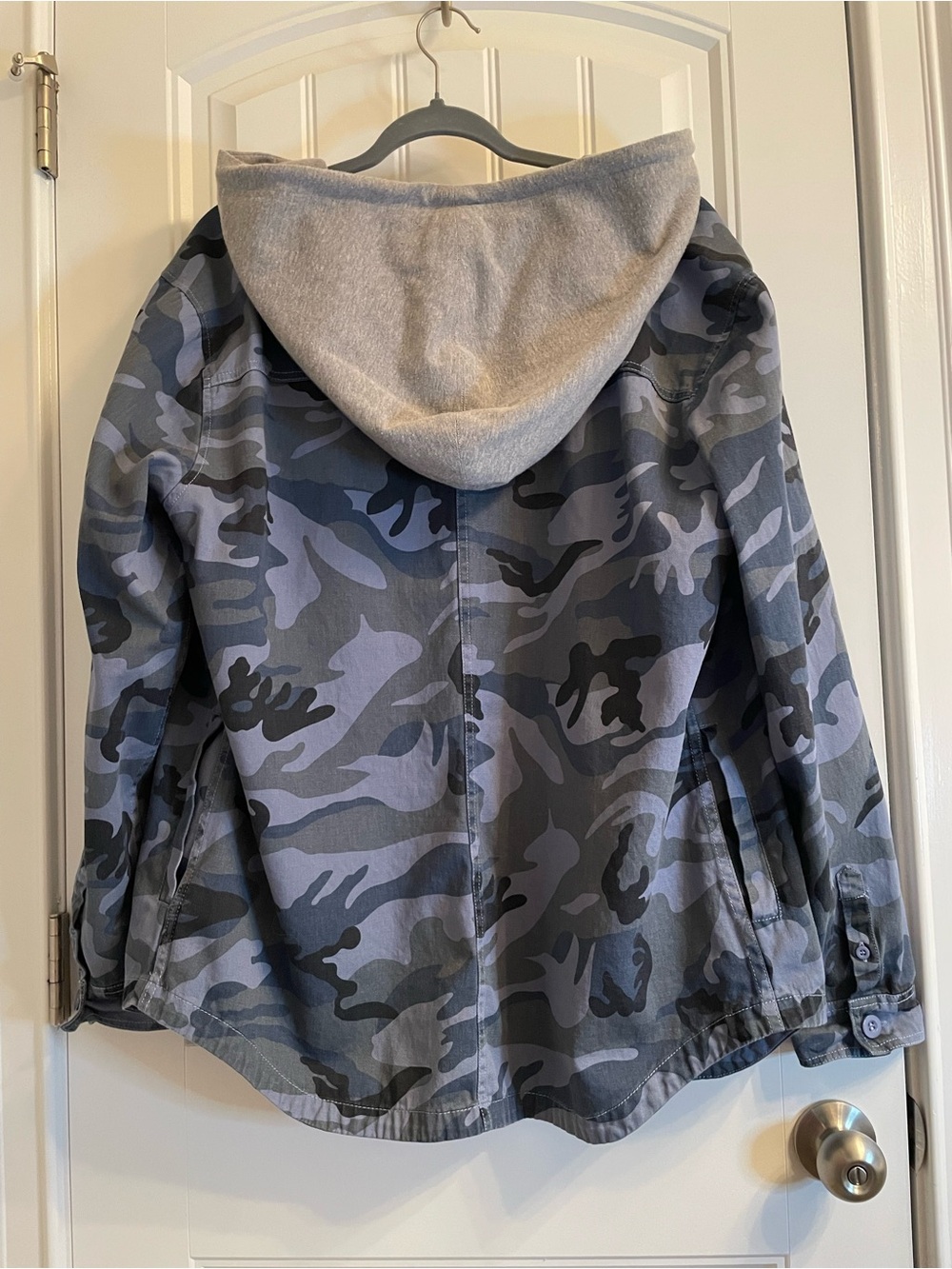 Unisex Blue and Grey Camo Utility Jacket with Hood - Picture 2 of 5
